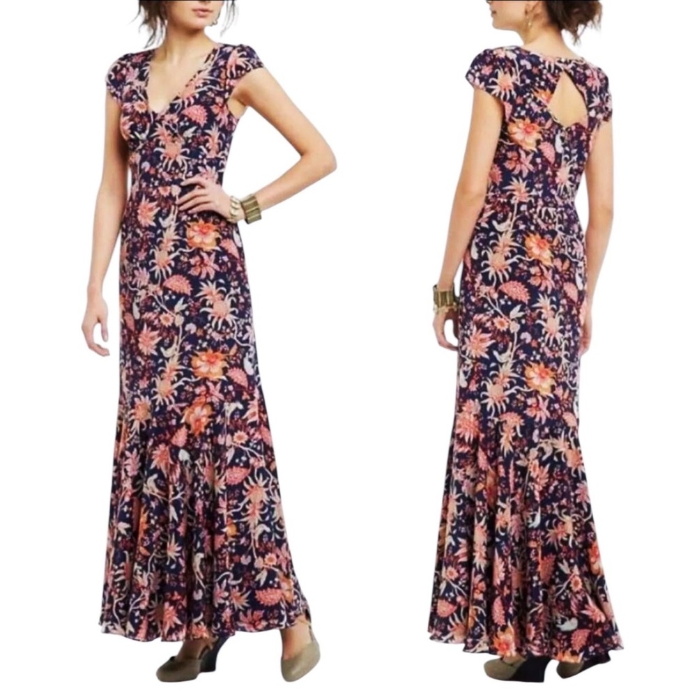 ANTHROPOLOGIE Leifsdottir Bruna Floral Silk Maxi Dress Blue Orange Size 6